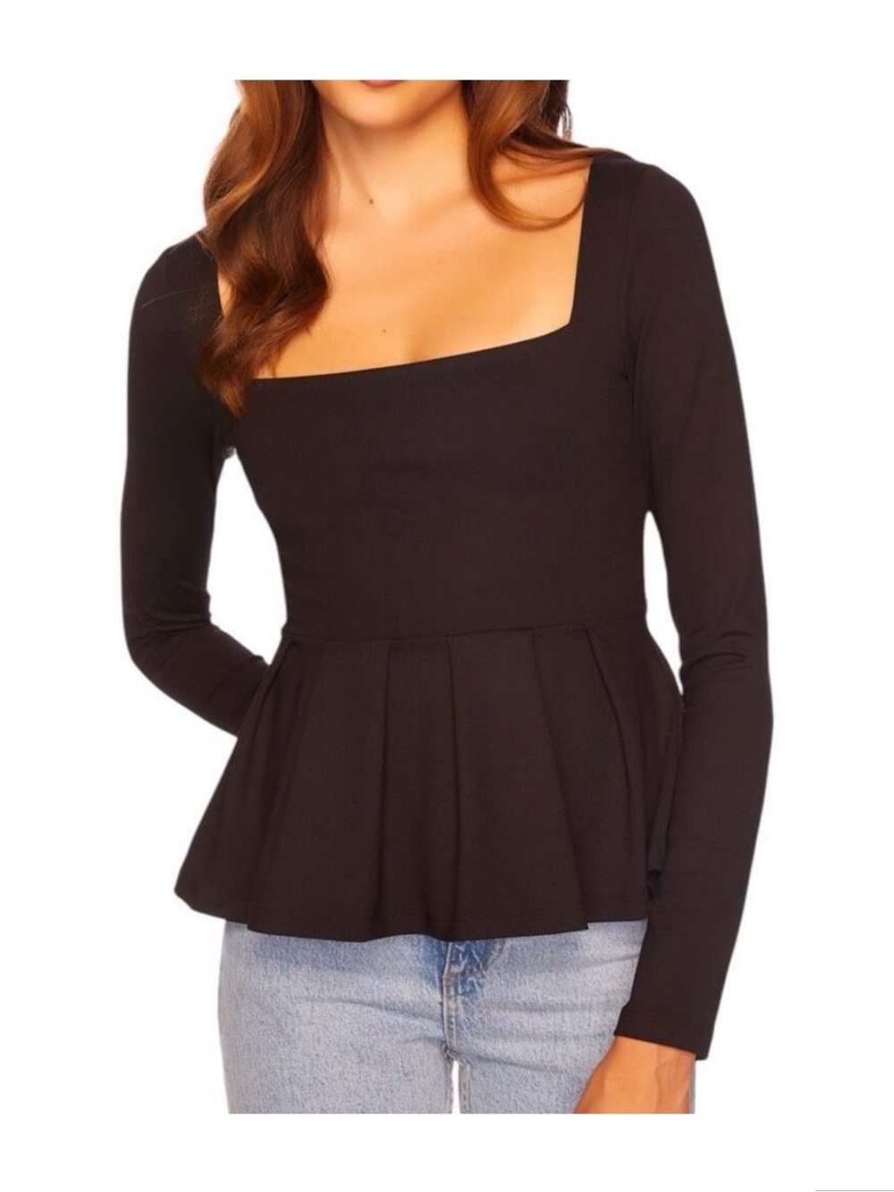 NEW Susana Monaco Square Neck Long Sleeve Peplum Top Black Medium